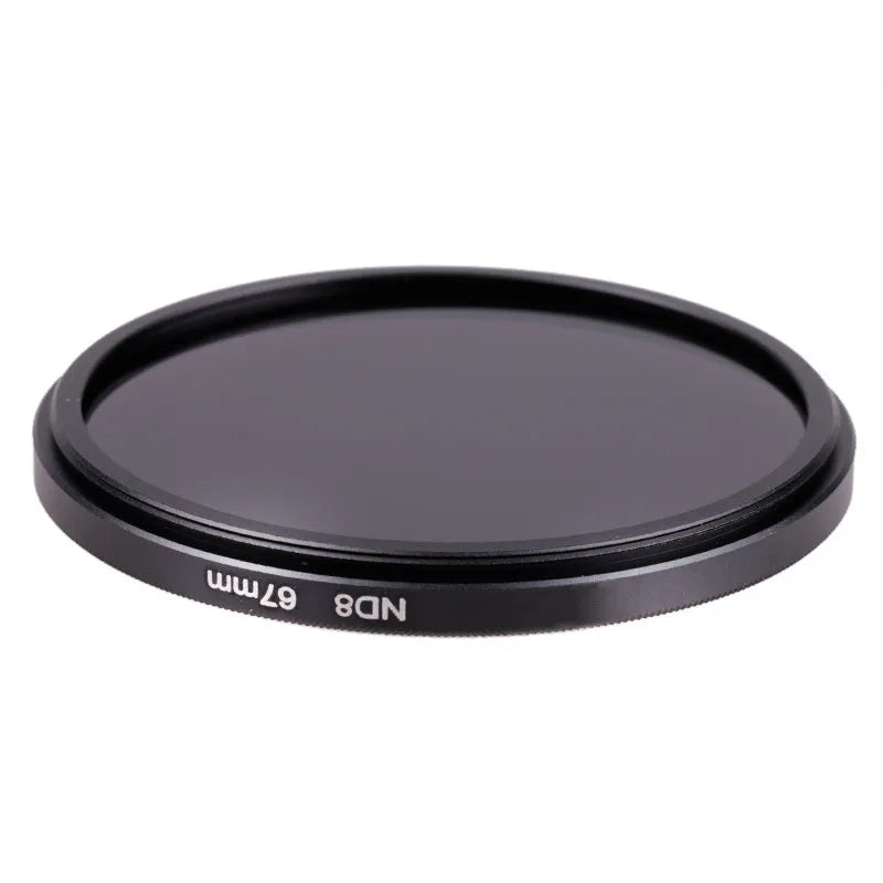 ND8 neutral density camera lens filter with silver aviation aluminium frame, shown next to a lens.