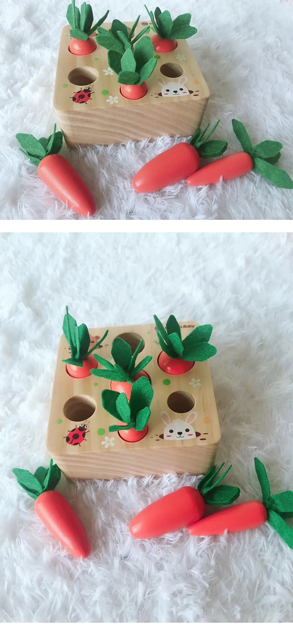 Harvest carrots coloured wooden educational toy for toddlers aged 2-4 years, made from pine wood.