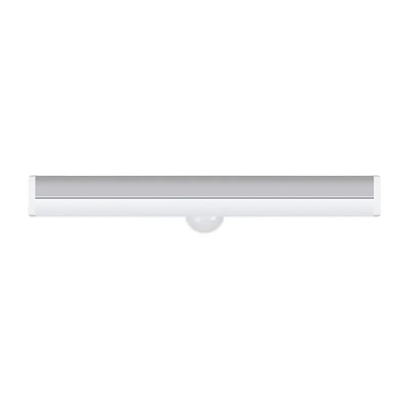 Black battery-powered LED strip light with motion sensor for cabinet or staircase installation.