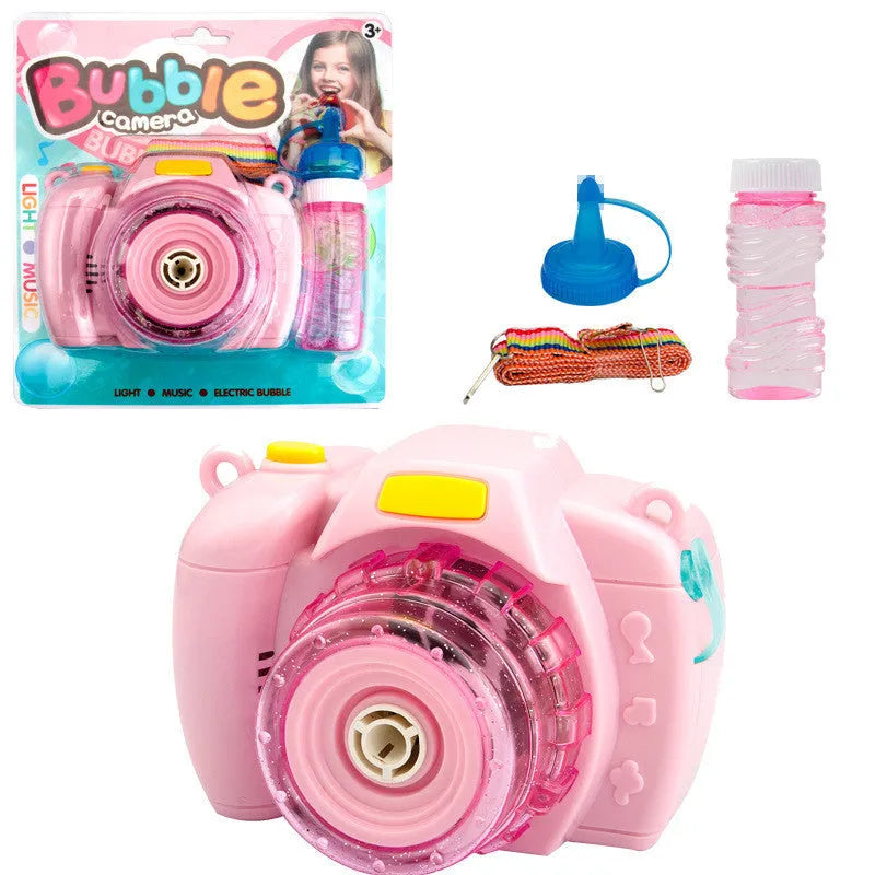 Yellow, green, red, and pink camera-shaped automatic bubble blowing machine toy for kids on a white background.