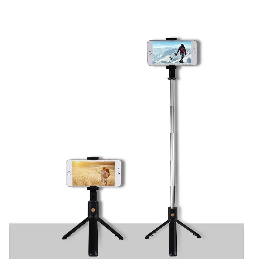 Bluetooth selfie stick tripod folded and extended on white background, black colour, plastic construction