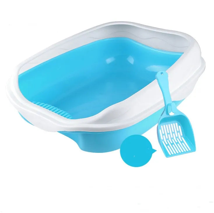 Semi enclosed thickened plastic cat litter box in blue with cat shovel, large size 46x36x17.5 cm