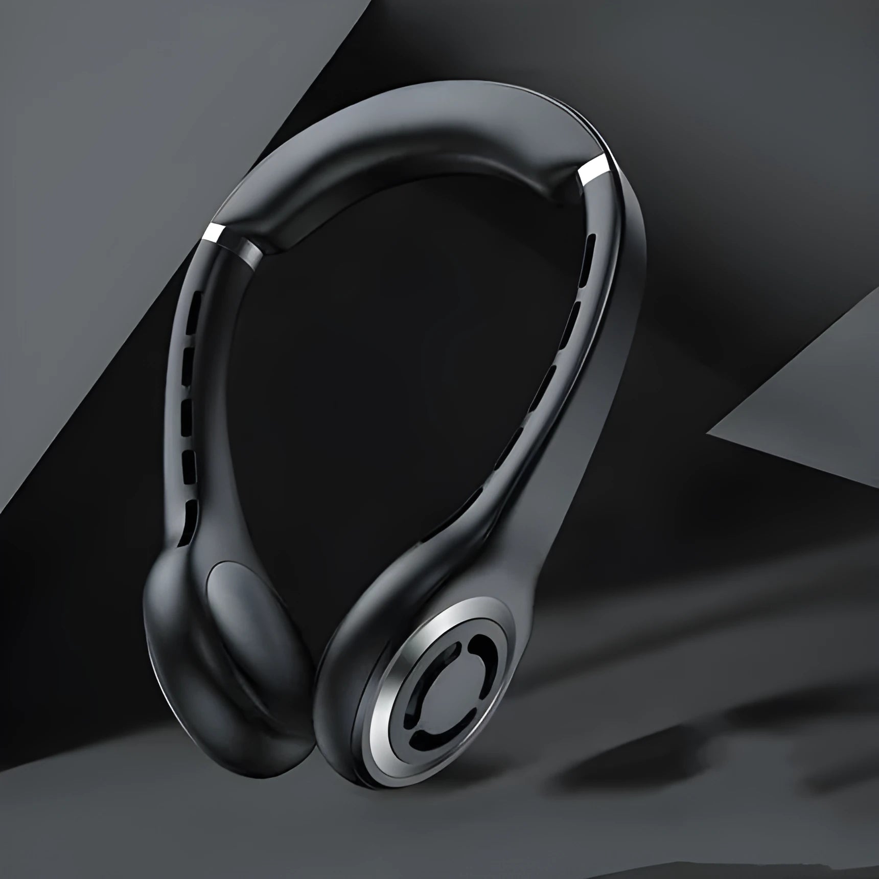 Black hanging neck fan with ultra-quiet mini USB design and dual battery pack worn around neck