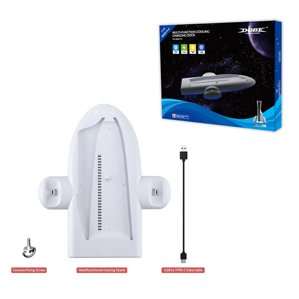 White PS5 Slim multifunctional cooling pad with RGB lighting and controller charging dock