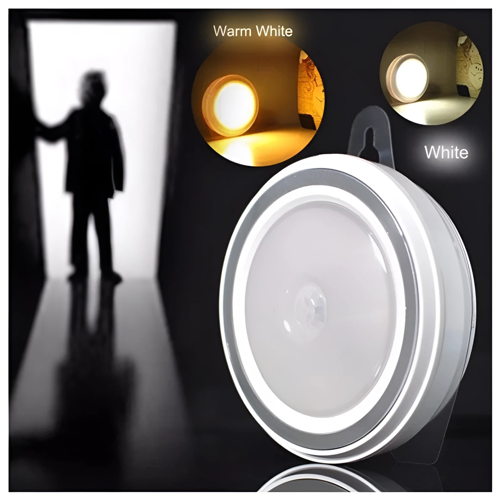 Smart round motion sensor LED light with white housing, shown mounted on a wall.