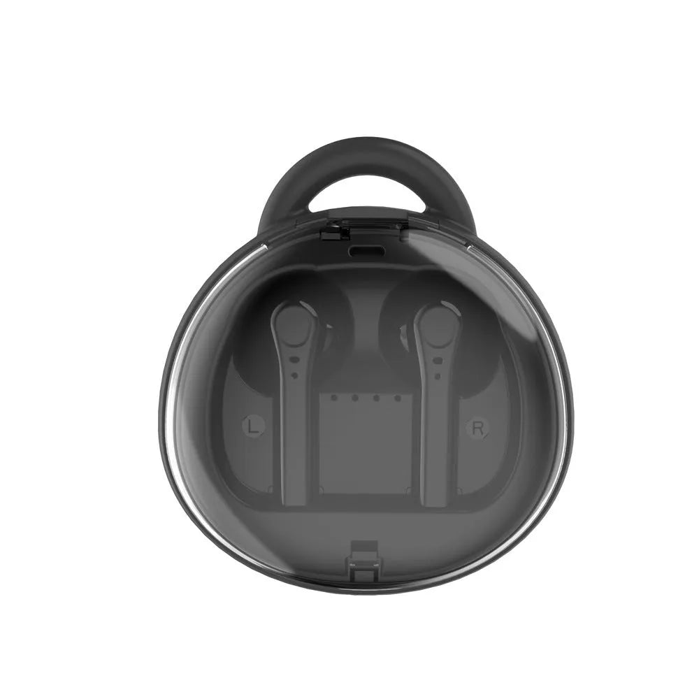 Red TWS 5.0 wireless Bluetooth headset with compact design for in-ear use
