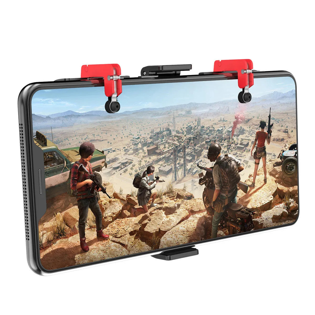 Black PG-9137 mobile phone gaming trigger grip stand with adjustable metal trigger and telescopic fixing clip.