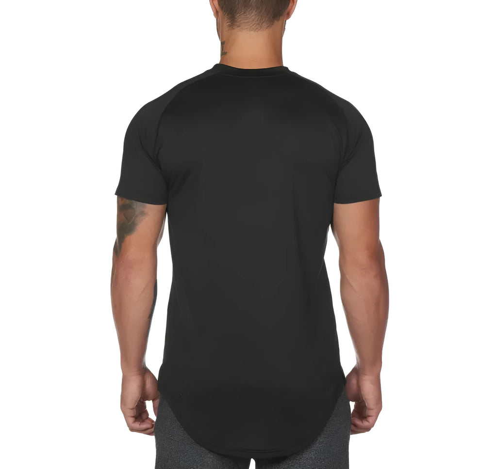 Custom mens fitness sports shirt in cotton-spandex blend, showing colour options: Army Green, Black, and White, some with a letter print.