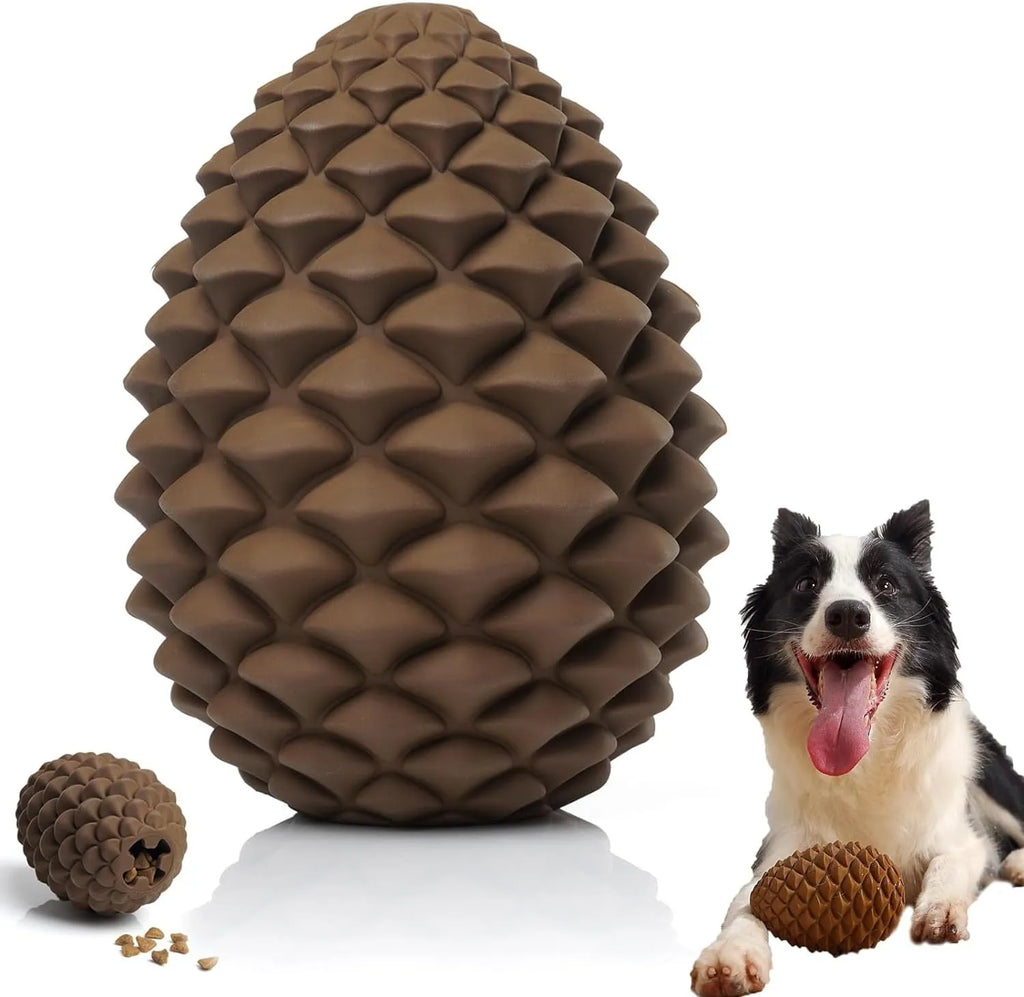Yellow pine cone shaped natural rubber dog chew toy with treat dispensing feature