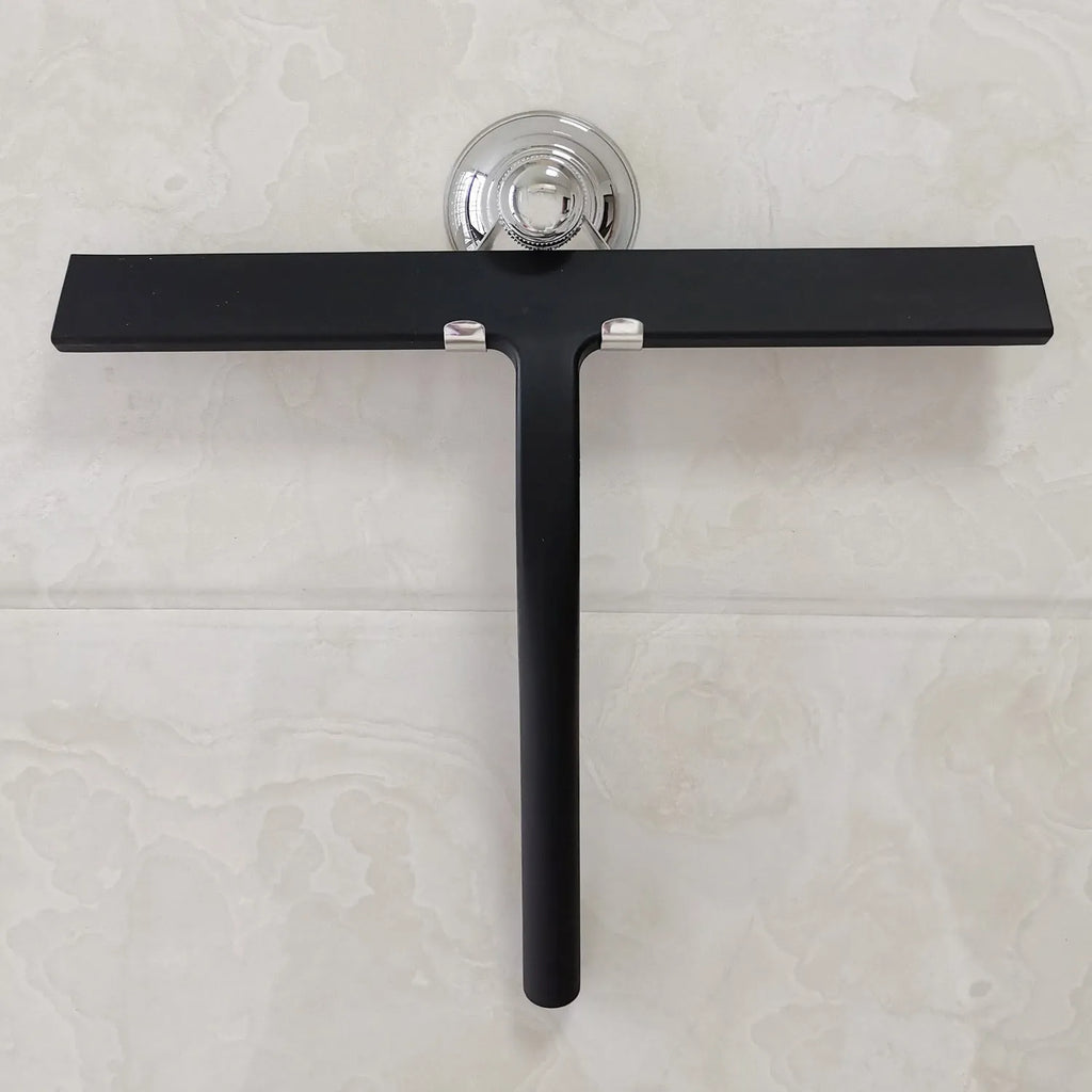 Silicone glass wiper with hook, 22.8cm scraper length, black colour, on a shower screen edge