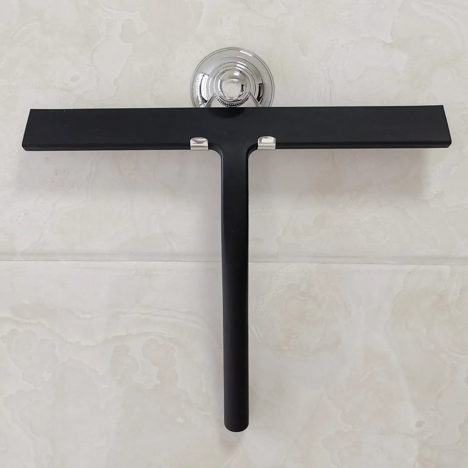 Silicone glass wiper with hook, 22.8cm scraper length, black colour, on a shower screen edge