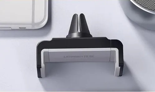 Universal car phone holder for dashboard, windscreen, or vent mounting in black and grey