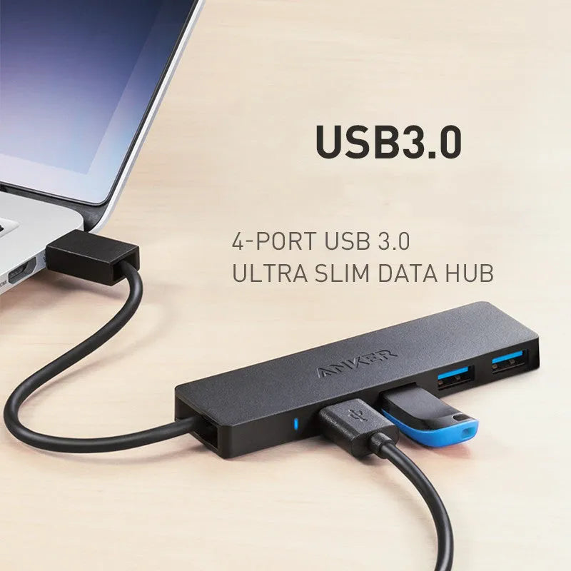Black Anker 4-port USB 3.0 hub with aluminium casing and 20 cm connecting cable