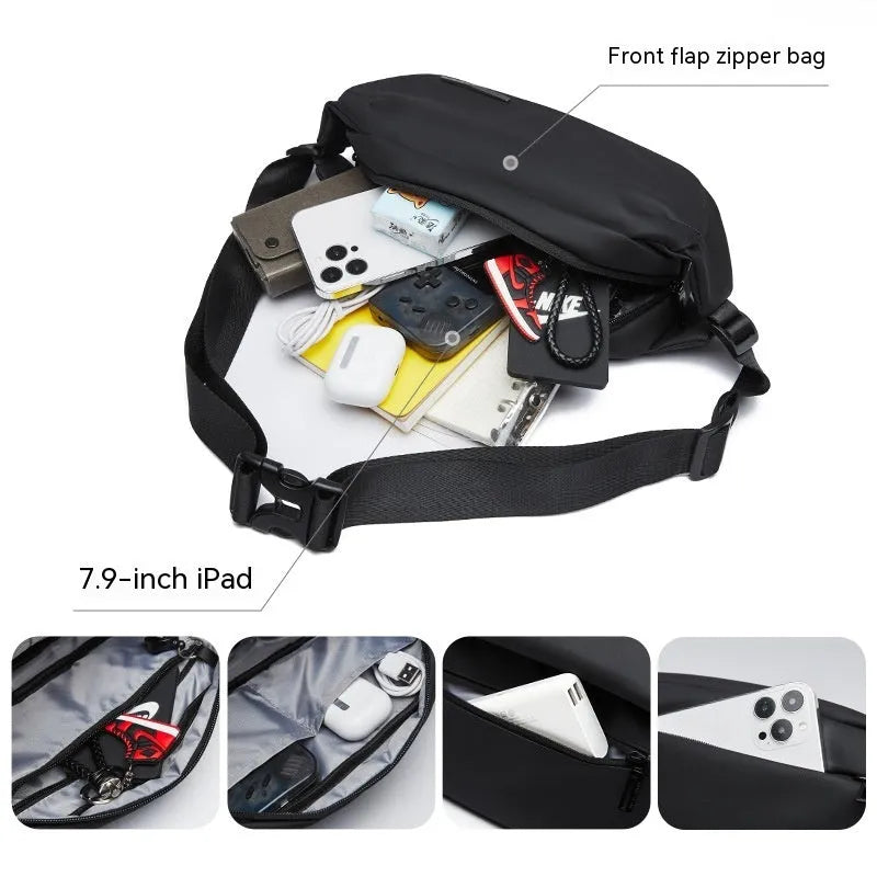 Black men's oxford cloth messenger bag with crossbody strap and sewing thread detailing.