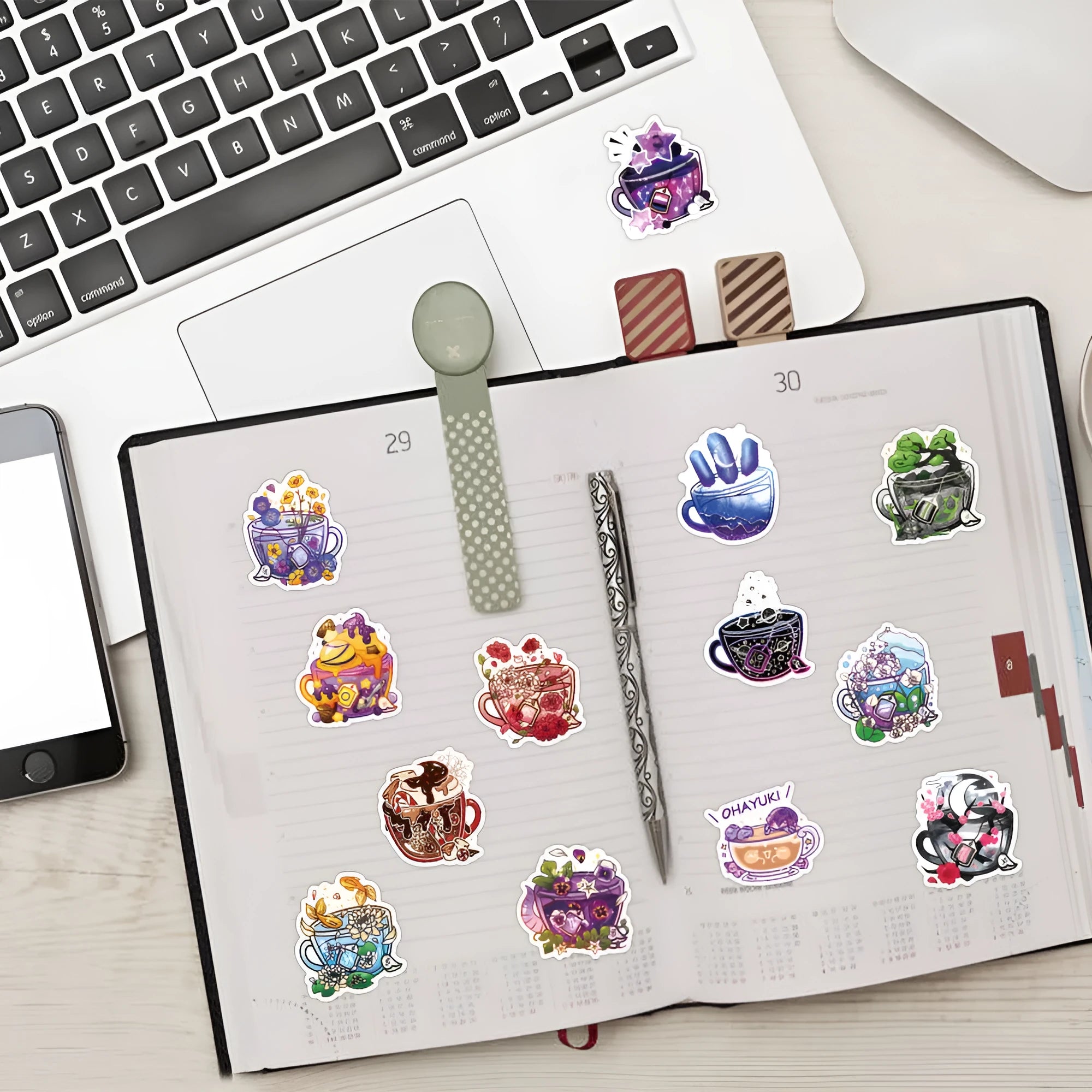Colourful tea cup graffiti design waterproof stickers, 50-piece pack for luggage and scooter customisation.