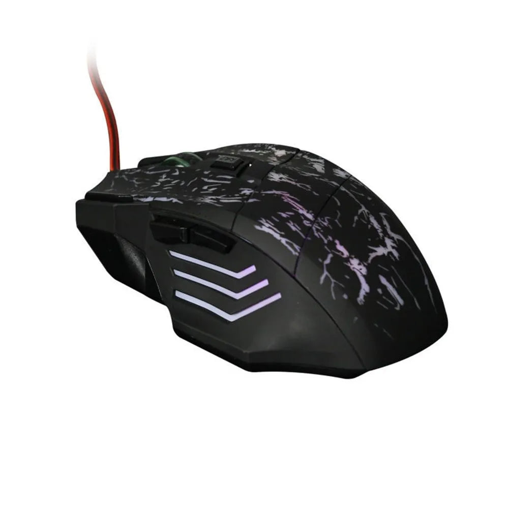 Wired computer gaming mouse with transparent black shell, luminous LED, seven buttons, four-way scroll wheel, USB cable, 127x85x37mm