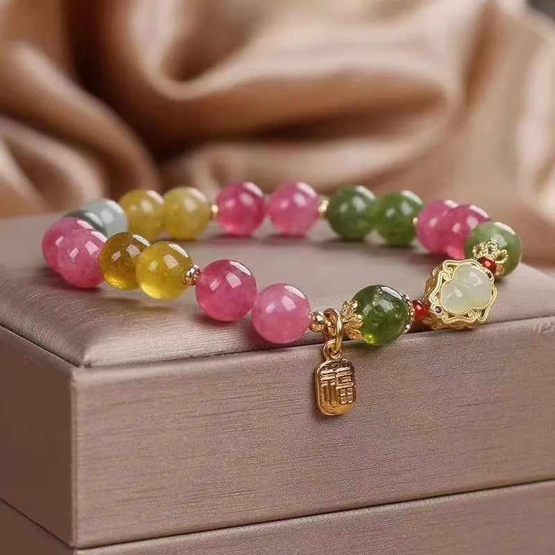 Colourful tourmaline gourd blessing card bracelet for women with flower shape and mixed materials