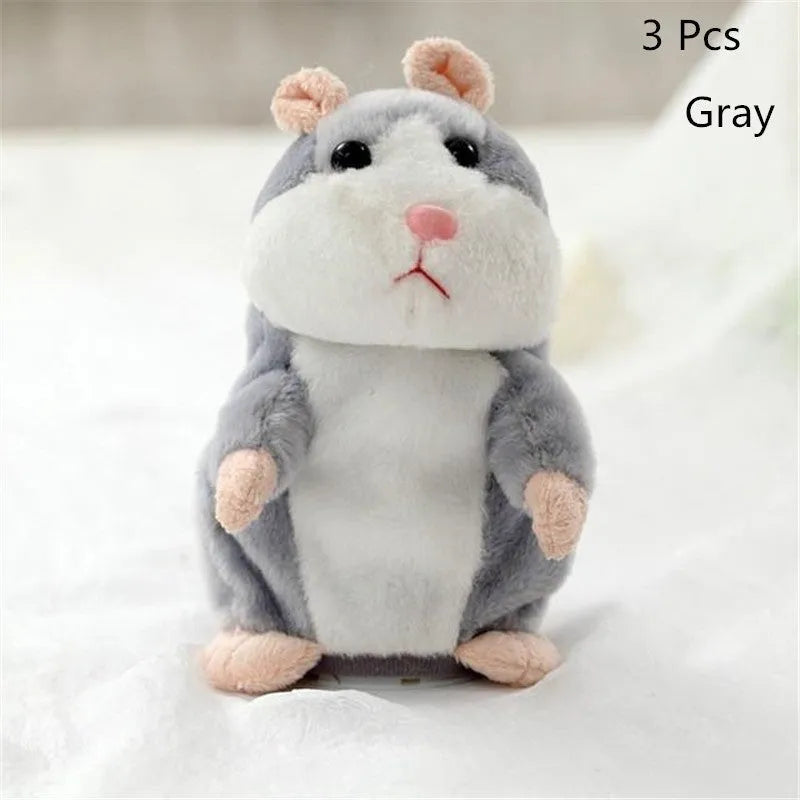 15cm tall light brown plush talking hamster toy with head-bobbing function.