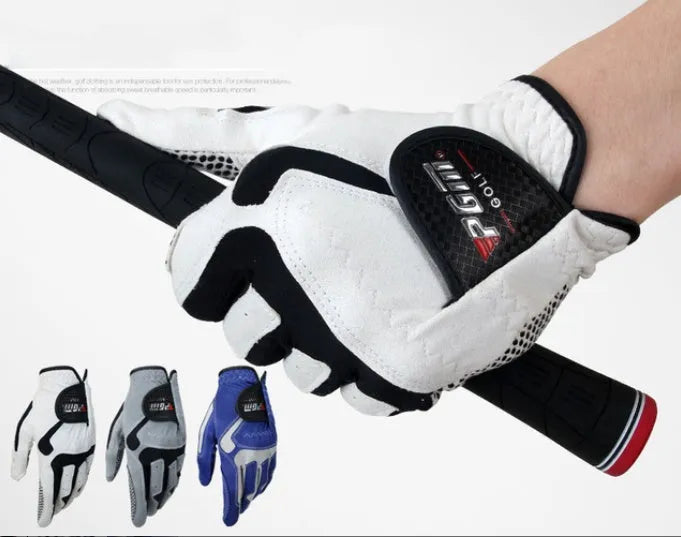 Golf microfiber gloves with anti-skid particles, split finger design in blue, grey and white colours