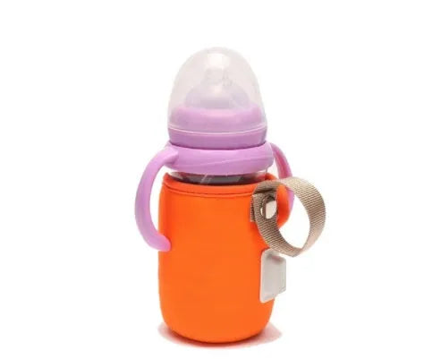 Long blue insulated cotton USB baby bottle warmer wrapped around a feeding bottle.