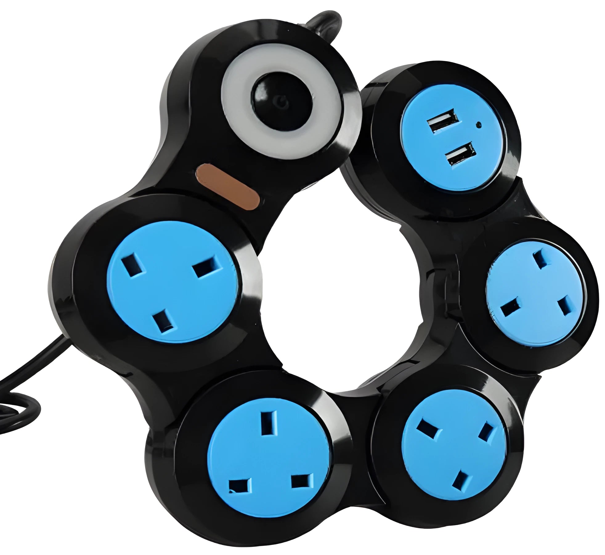 UK standard white power strip with five rotating sockets and two USB charging ports