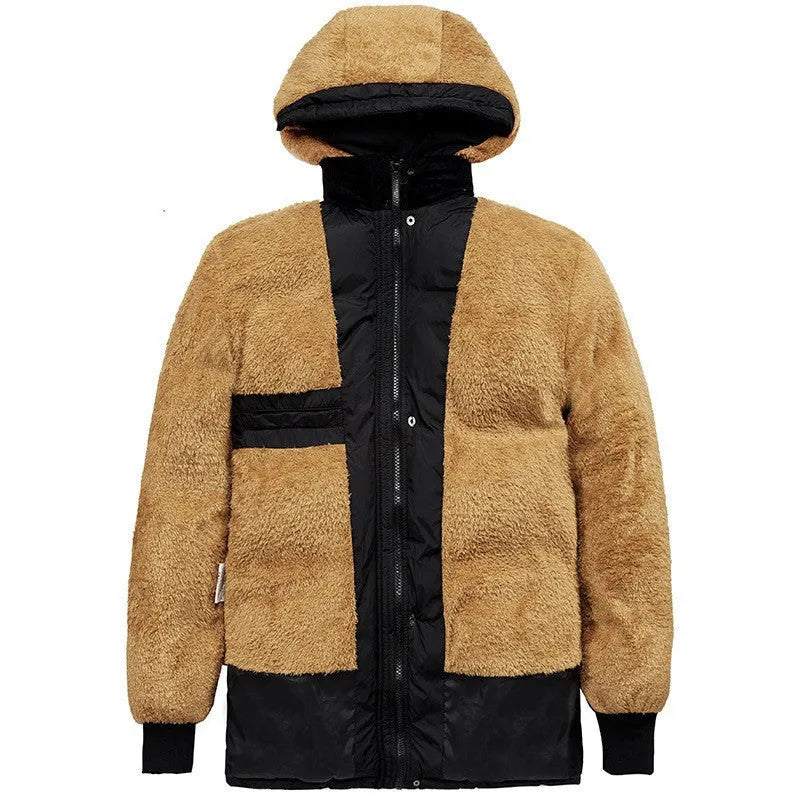 Man wearing a black hooded double-breasted padded winter jacket with a velvet lining.