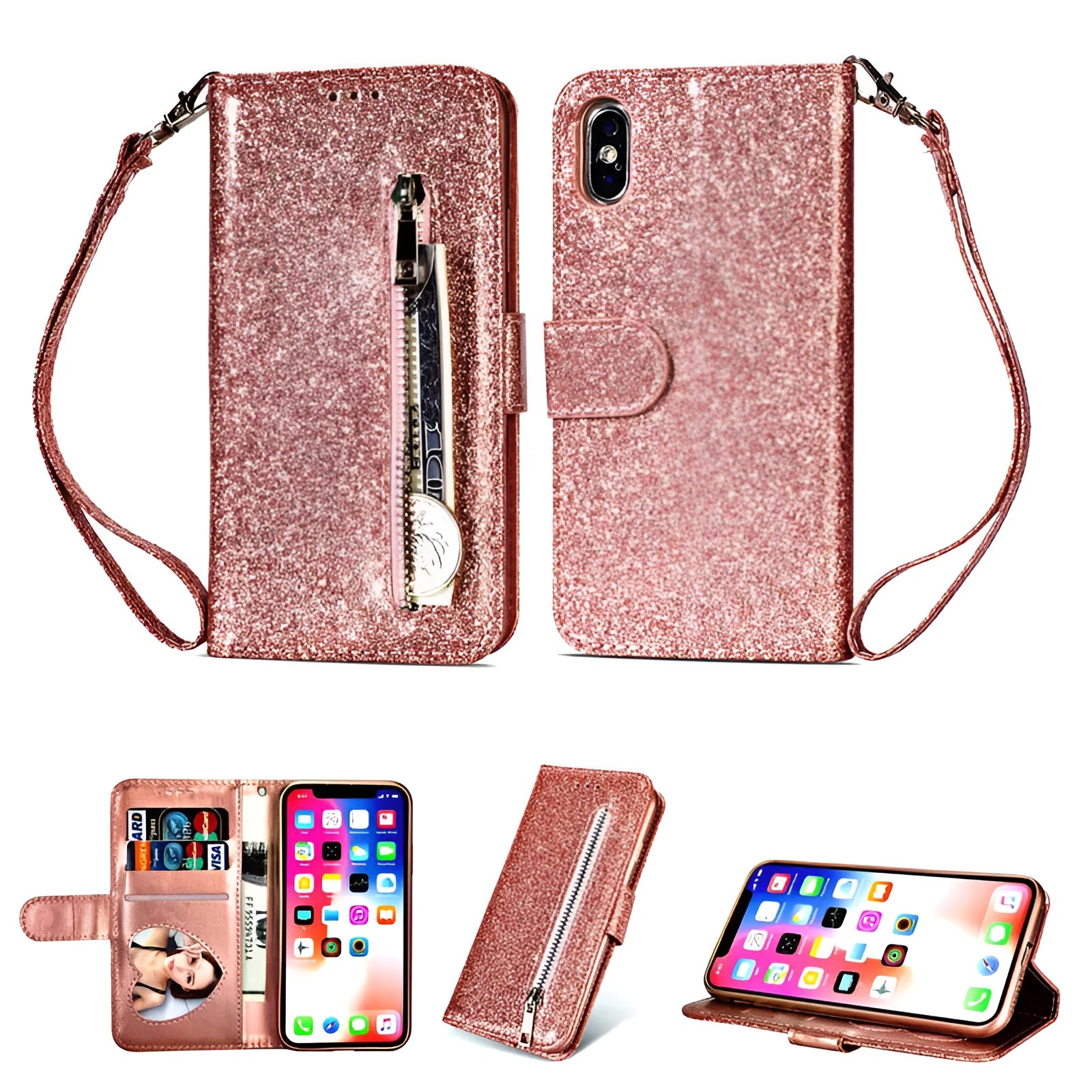 PU leather zipper wallet case for iPhone with card slots and coin storage