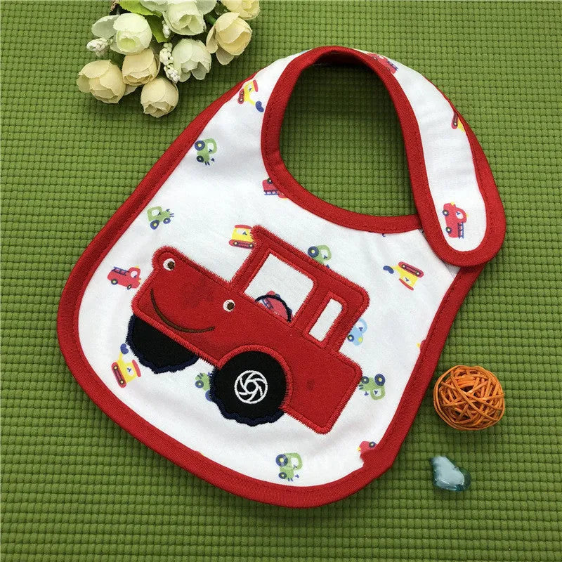 Three-layer waterproof polyester cotton baby bib with cartoon animal pattern in blue car design