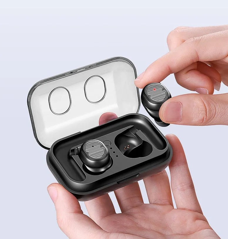 Touch control wireless Bluetooth earbuds in black, white, red, and blue colours showing earbud design.