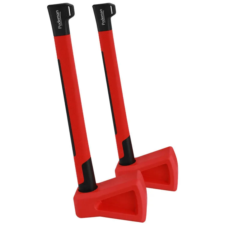 A bright red plastic fitness axe muscle trainer on a plain background.