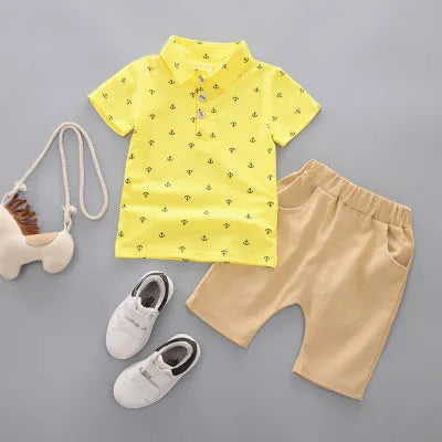 Anchor printed toddler pants suit in cotton, includes short sleeve top and trousers.