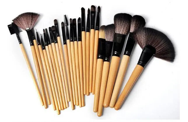 24-piece professional makeup brush set with wooden handles in gift bag packaging