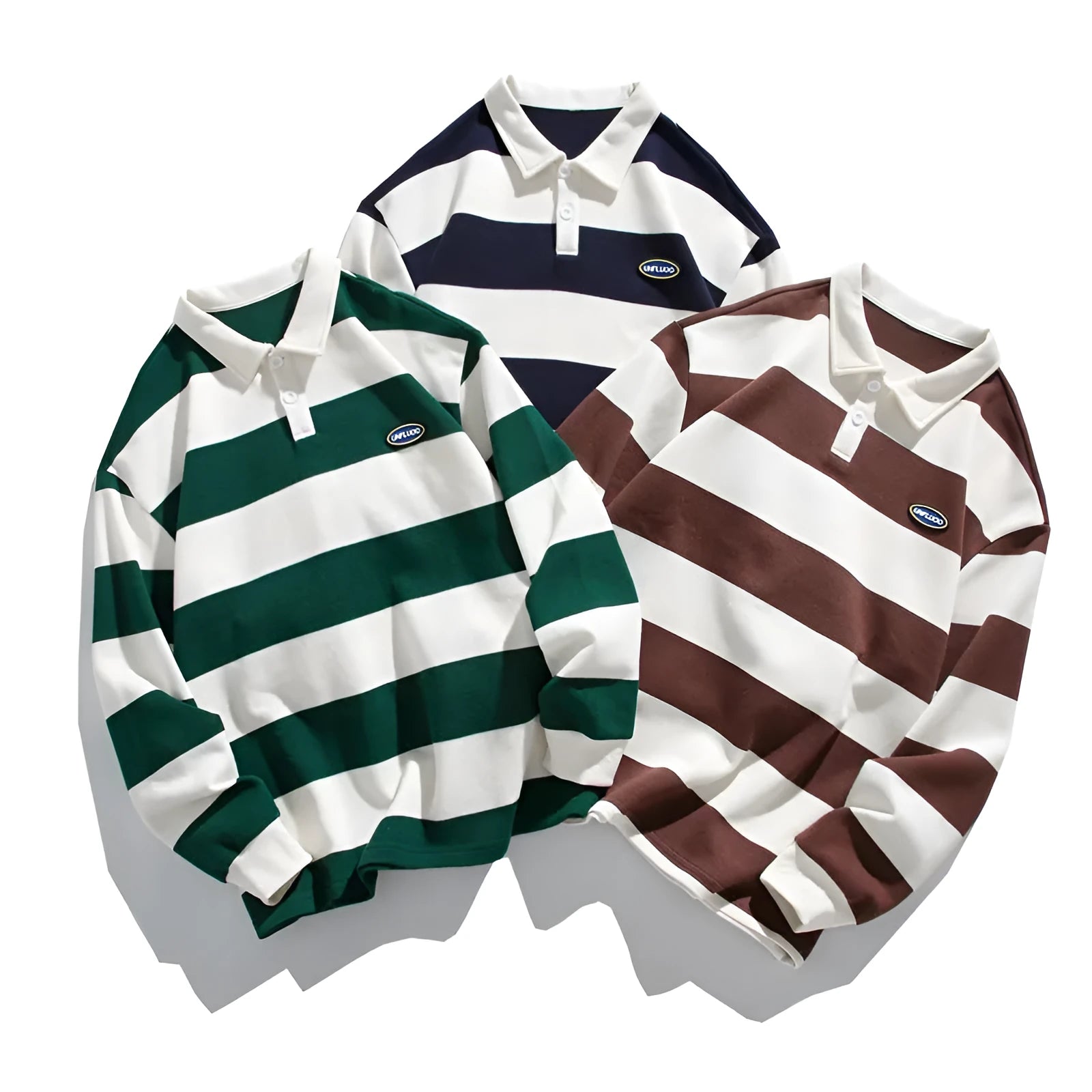 Hong Kong style striped lapel polo shirt in pearl cotton, shown in sapphire blue colour.