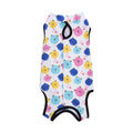 Adjustable velcro cat sterilisation recovery suit in a printed colour design, sizes S M L XL.