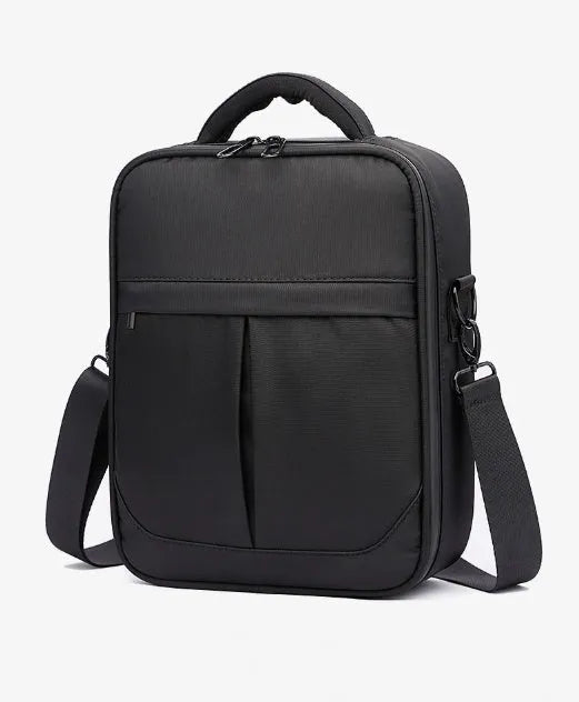 Black men's messenger bag made from Oxford fabric showing shoulder strap and main compartment.