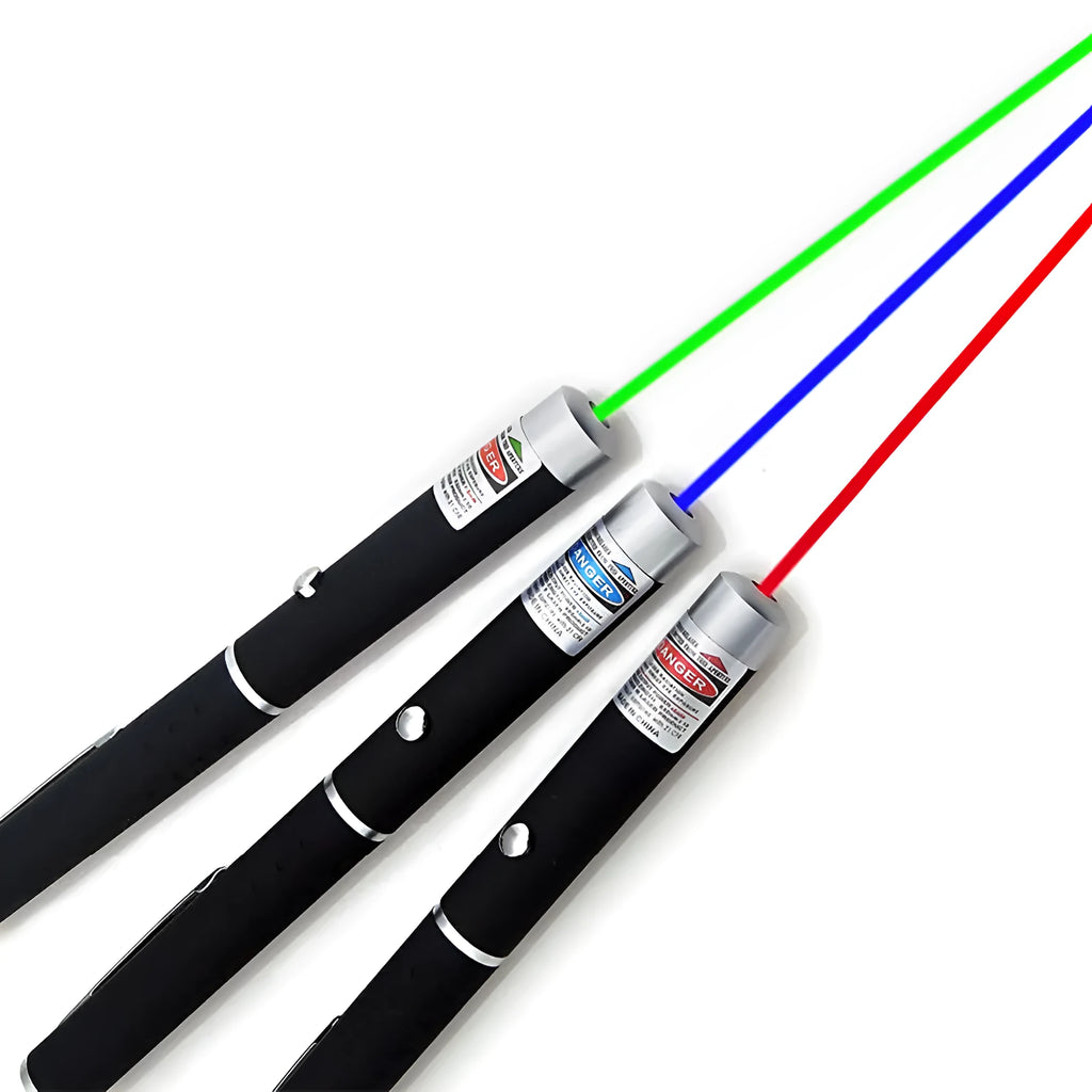 Black pen-style 5mW laser pointer with choice of red, blue-violet, or green visible beam