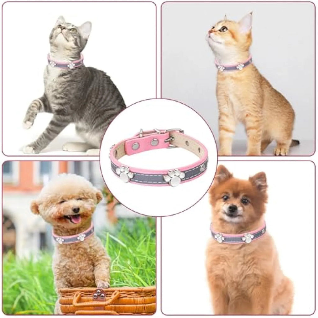 Reflective PU leather dog collar with metal buckle and cute paw rivet, shown in adjustable sizes for dogs.
