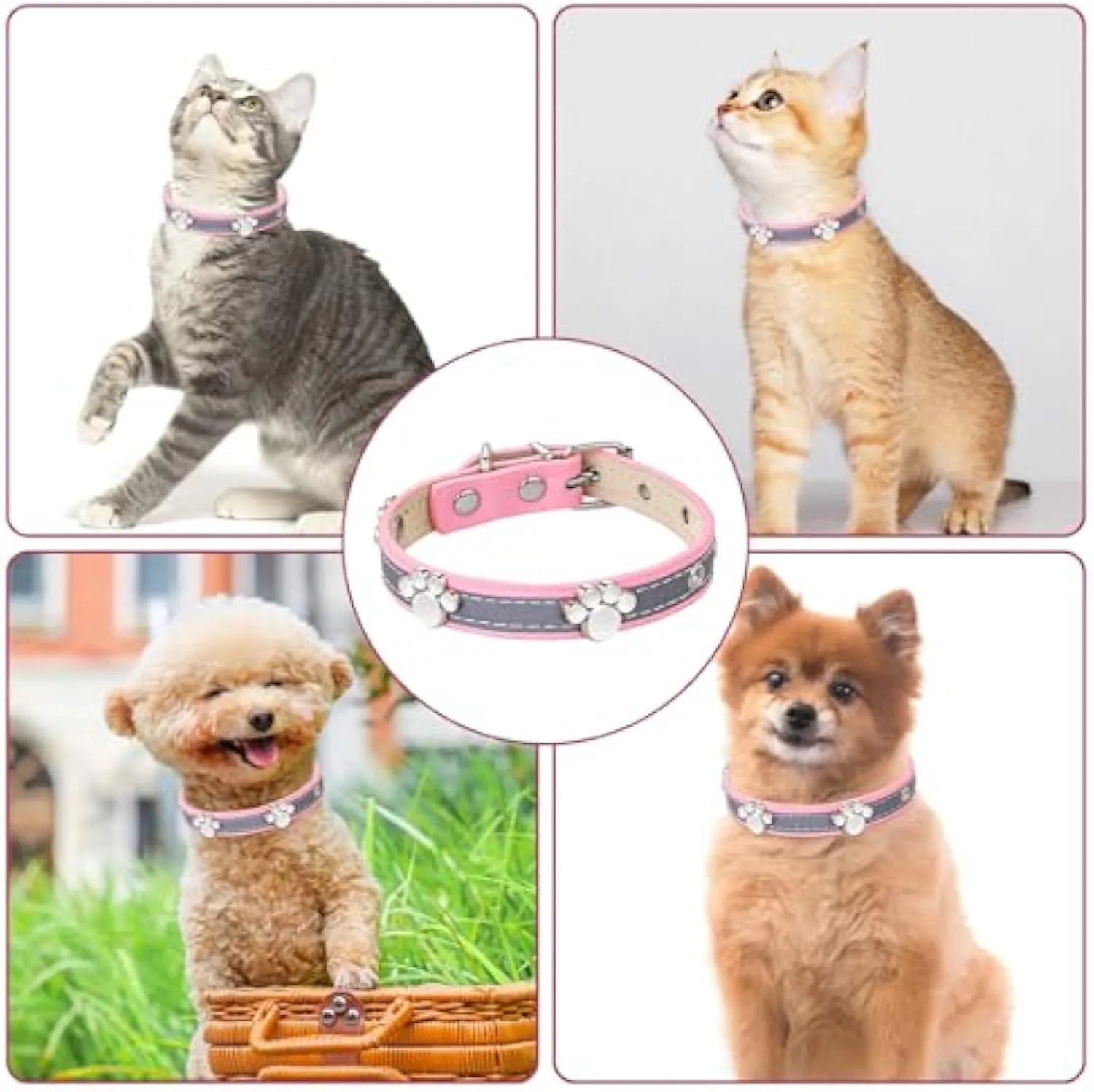 Reflective PU leather dog collar with metal buckle and cute paw rivet, shown in adjustable sizes for dogs.