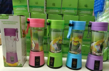 Portable USB rechargeable blender with pink cup and six stainless steel blades