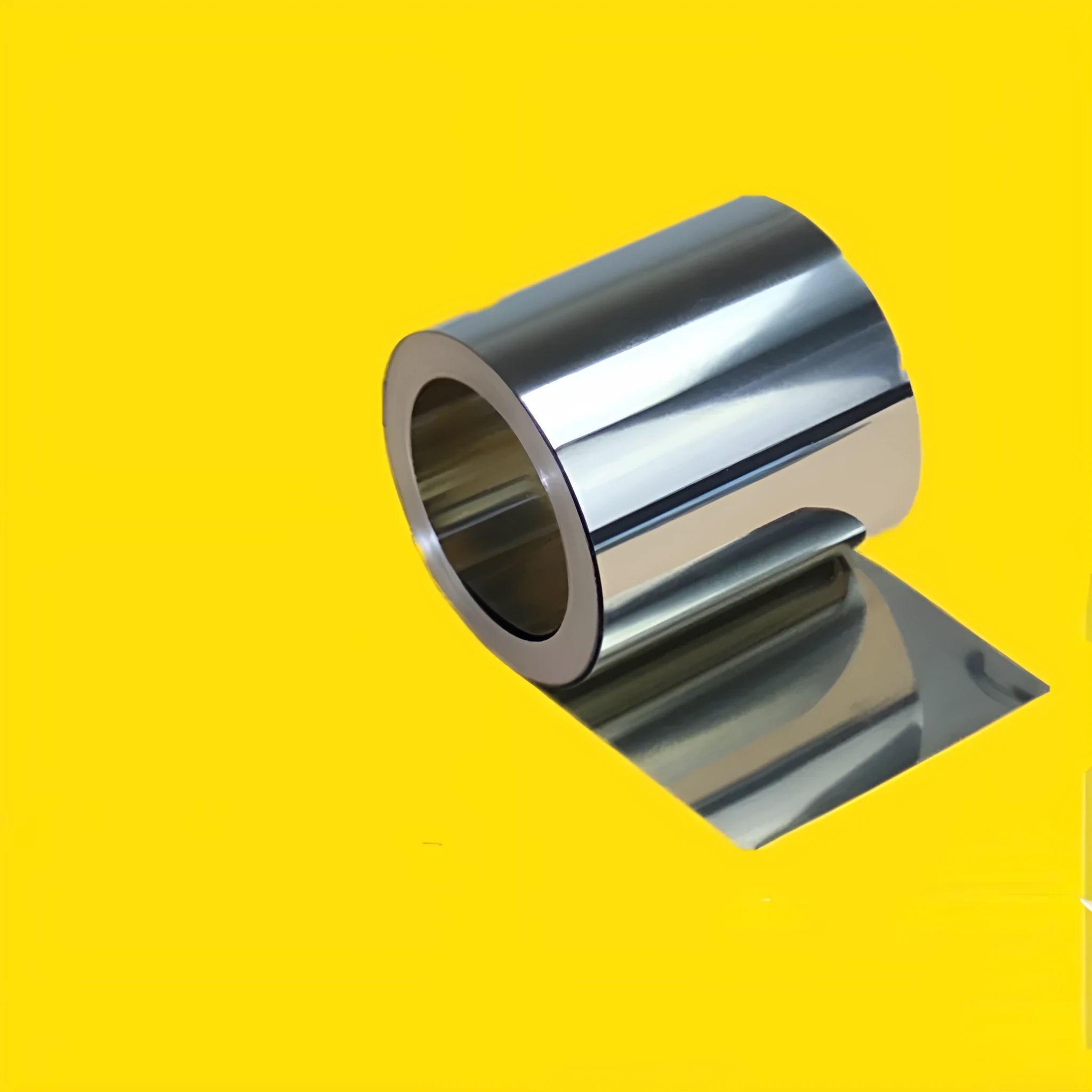 Close-up of a rolled 304 stainless steel metal strip with a leather item, showing its metallic finish and dimensions.