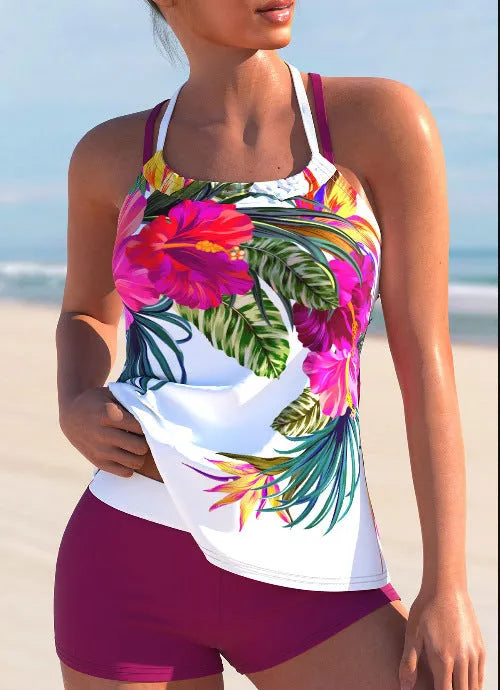 Women's purple red and green large flower print split swimsuit with chest pad support.