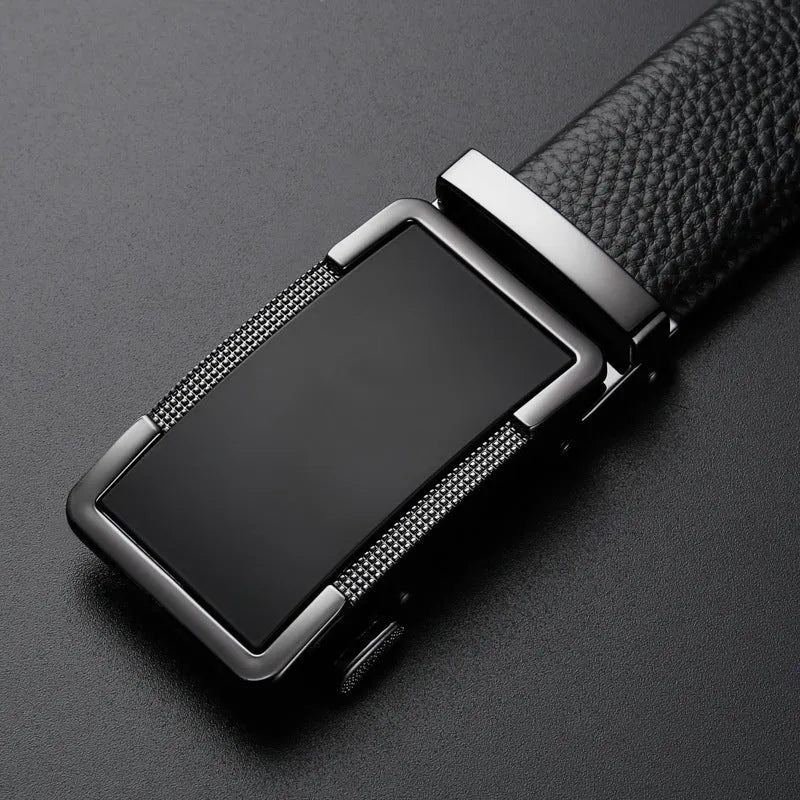 Men's automatic buckle leather belt in gun black, silver, and gold colour options showing the alloy buckle.