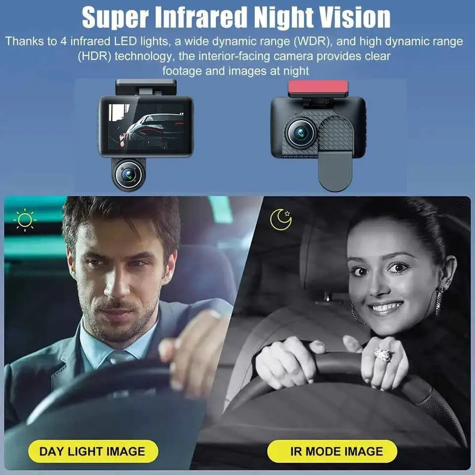 Black 4-inch touch screen car dash cam with wide-angle lens for 1080p HD and night vision recording