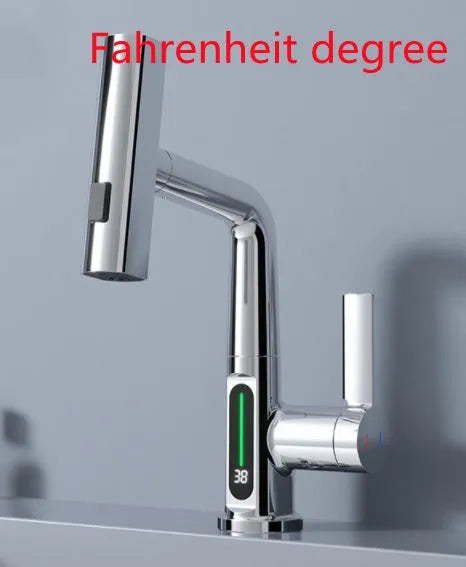 Digital display pull-out kitchen faucet with LED temperature readout and rotating waterfall spout