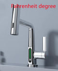 Digital display pull-out kitchen faucet with LED temperature readout and rotating waterfall spout