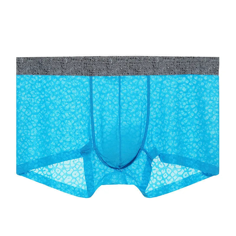 Men's white seamless lace boxer briefs with low waist and Jacquard pattern.