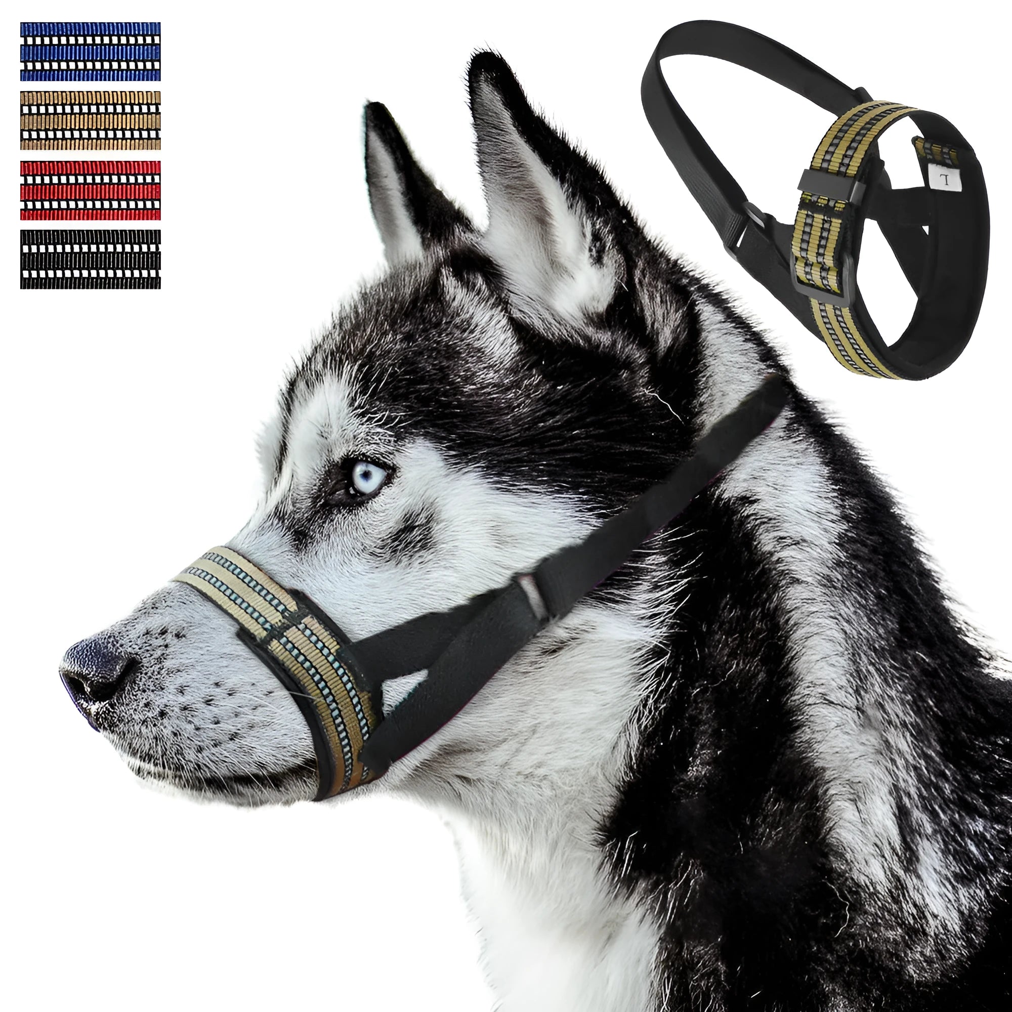 Adjustable reflective dog muzzle for large breeds like Huskies, shown in blue on a dog's snout.
