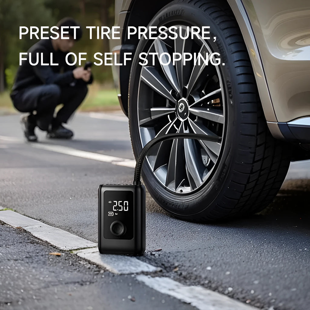 Car portable electric gas filling bag air pump with tyre pressure gauge and LED light on a dark background
