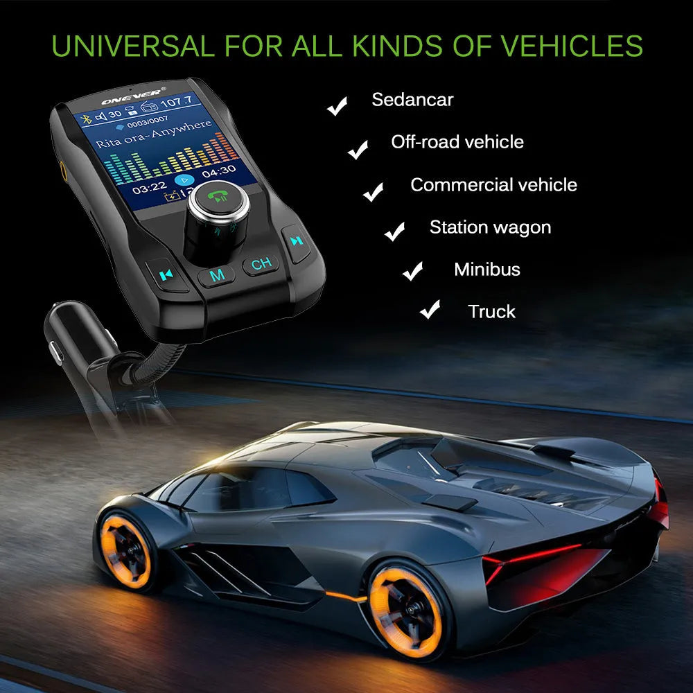 Black in-car Bluetooth FM transmitter with colour screen showing voltage, plugged into a car power socket.