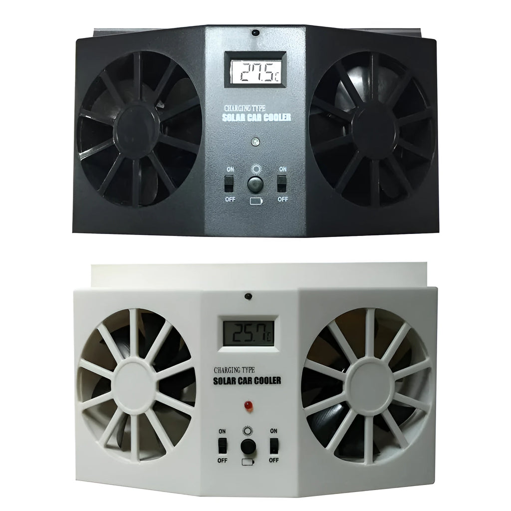 2W solar car exhaust fan with three-speed control and 800 mAh battery, white plastic blades